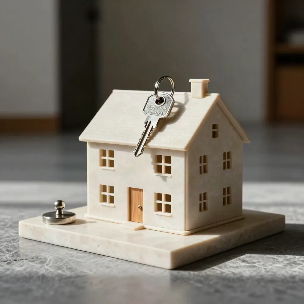 Mini casa, mazzo di chiavi e peso metallico su basamento in pietra, luce radente