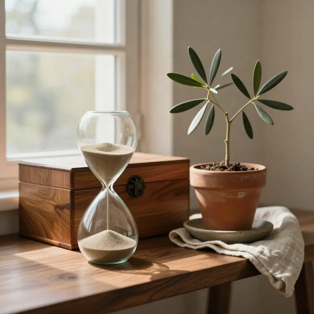 Clessidra, scatola di cedro e ulivo in vaso su mensola calda, luce morbida.