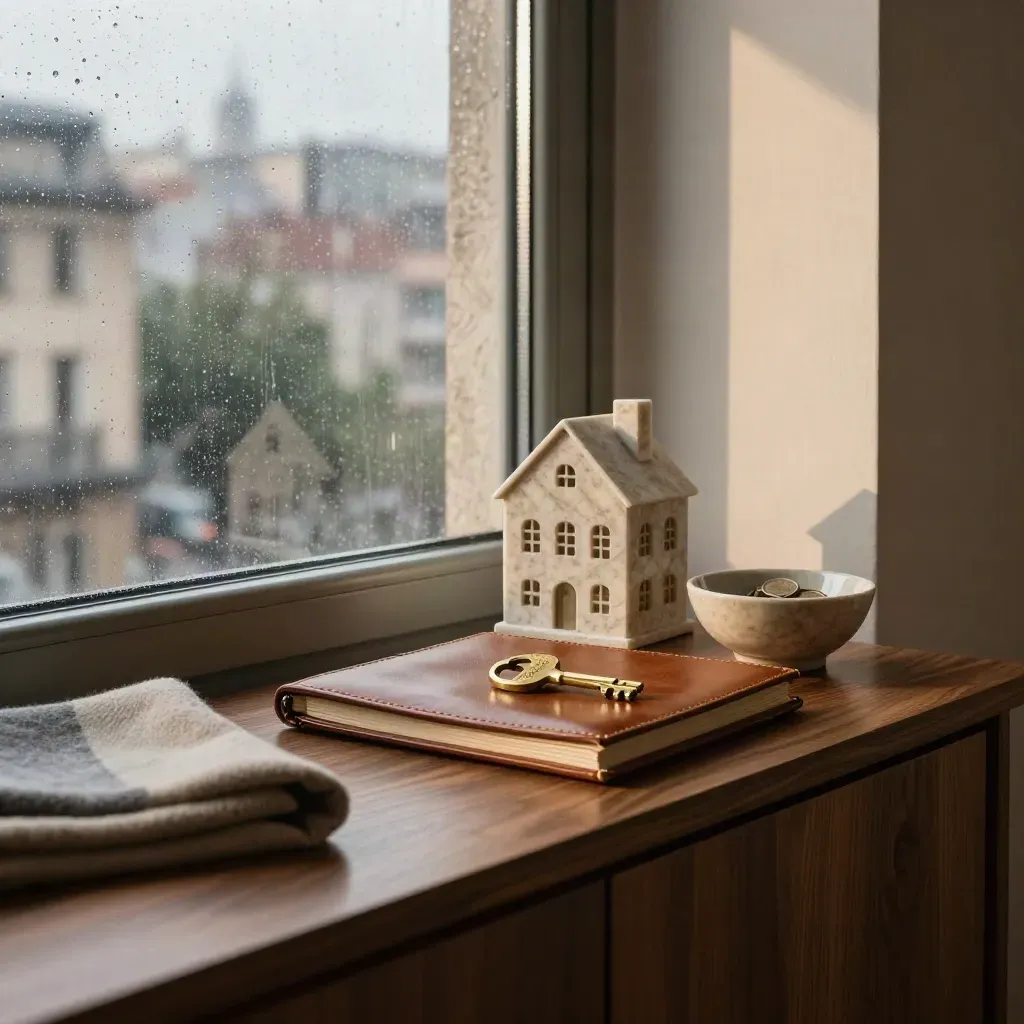 Angolo milanese con console in noce, chiave in ottone e modellino in travertino, luce dopo la pioggia.