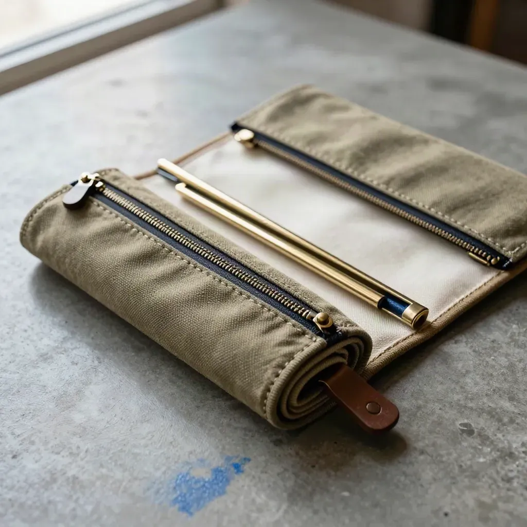 Organizer in canvas con tre tasche zip, clip in ottone e cappuccio penna su cemento.