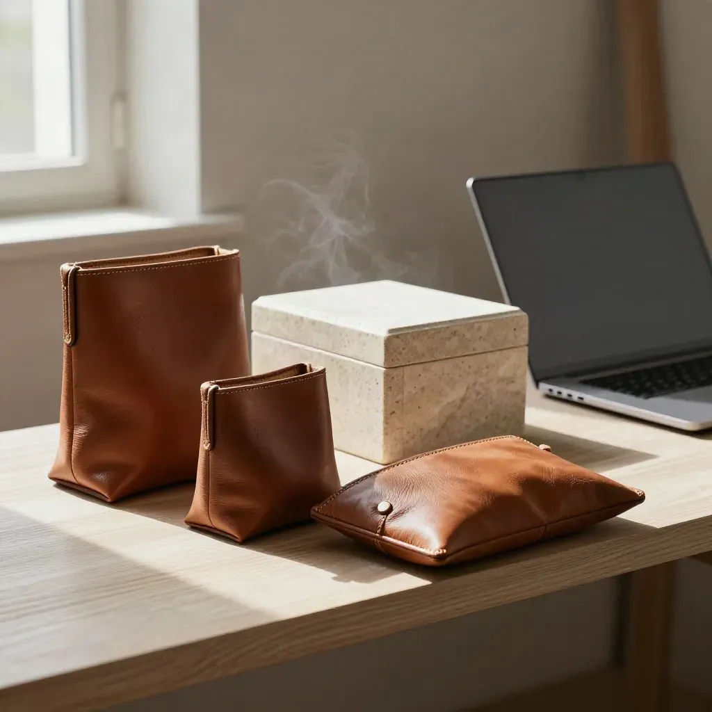 Scaffale di studio milanese con tre pochette in pelle, scatola di pietra e laptop chiuso.