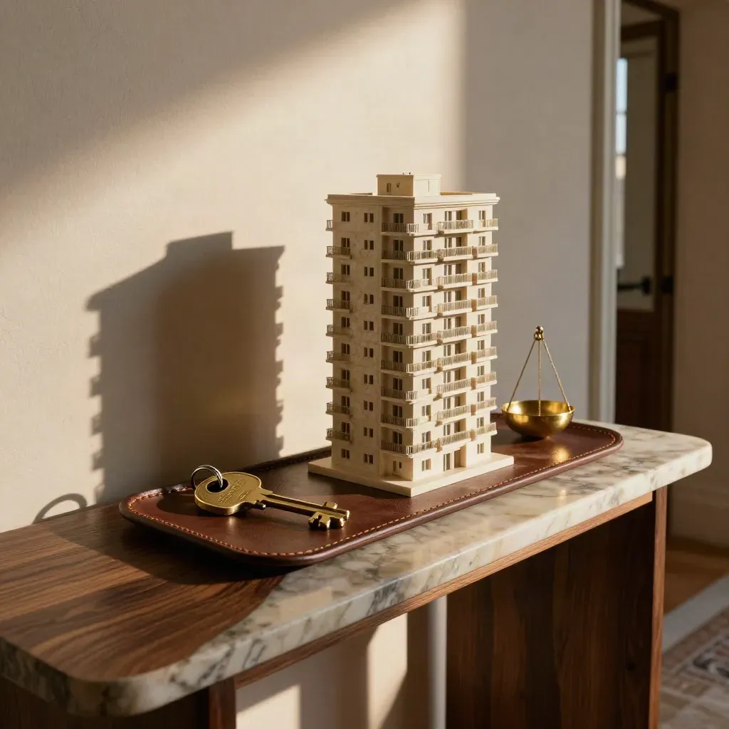 Console d’ingresso romana con chiave, plastico di palazzo e peso in ottone, luce radente.