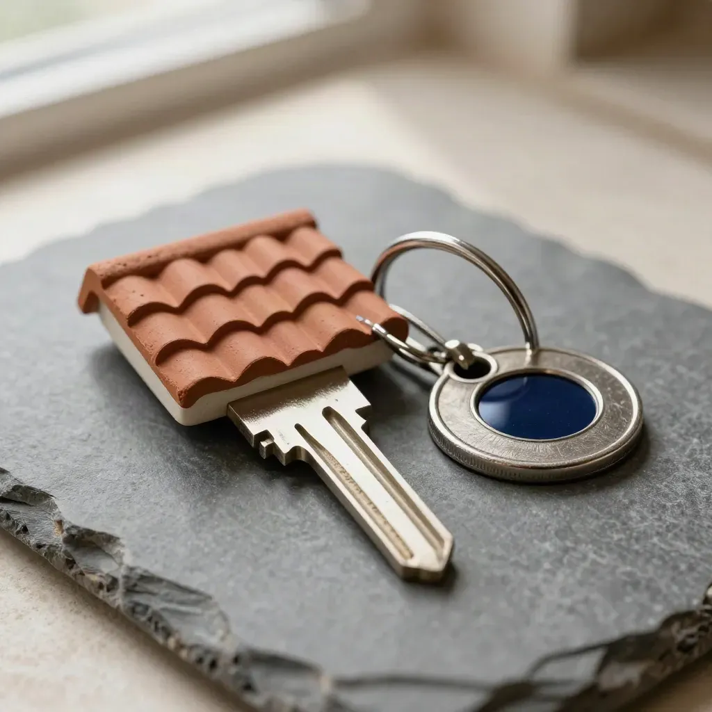 Chiave di casa, tegola in miniatura e sigillo metallico su pietra spazzolata.