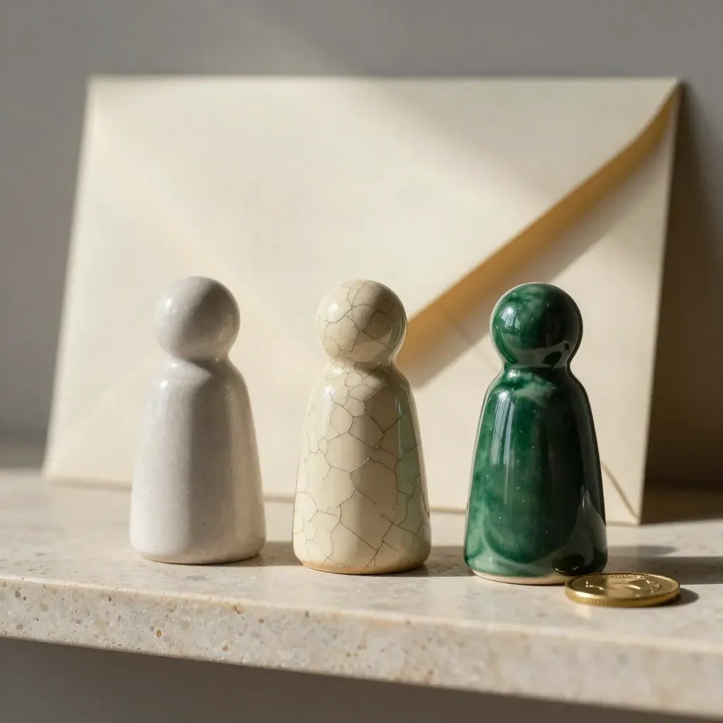 Tre marcatori in ceramica, busta sigillata e moneta su mensola di pietra, luce morbida.