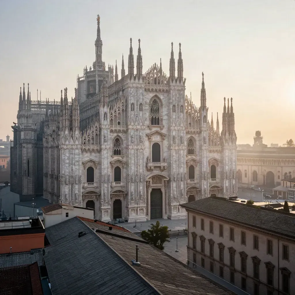 Il Duomo di Milano all’alba sopra tetti di ardesia e foschia morbida