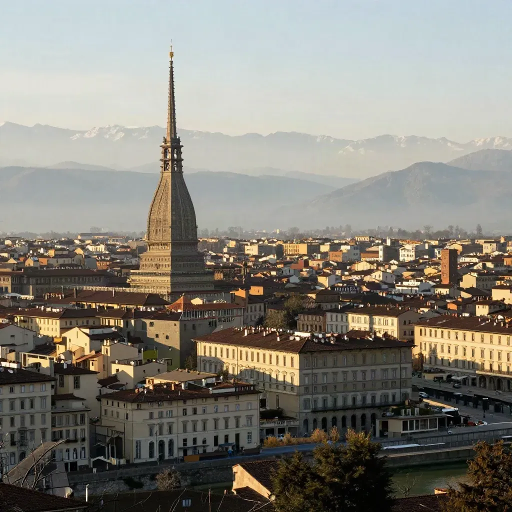 Torino al tramonto con la Mole Antonelliana e le Alpi sullo sfondo