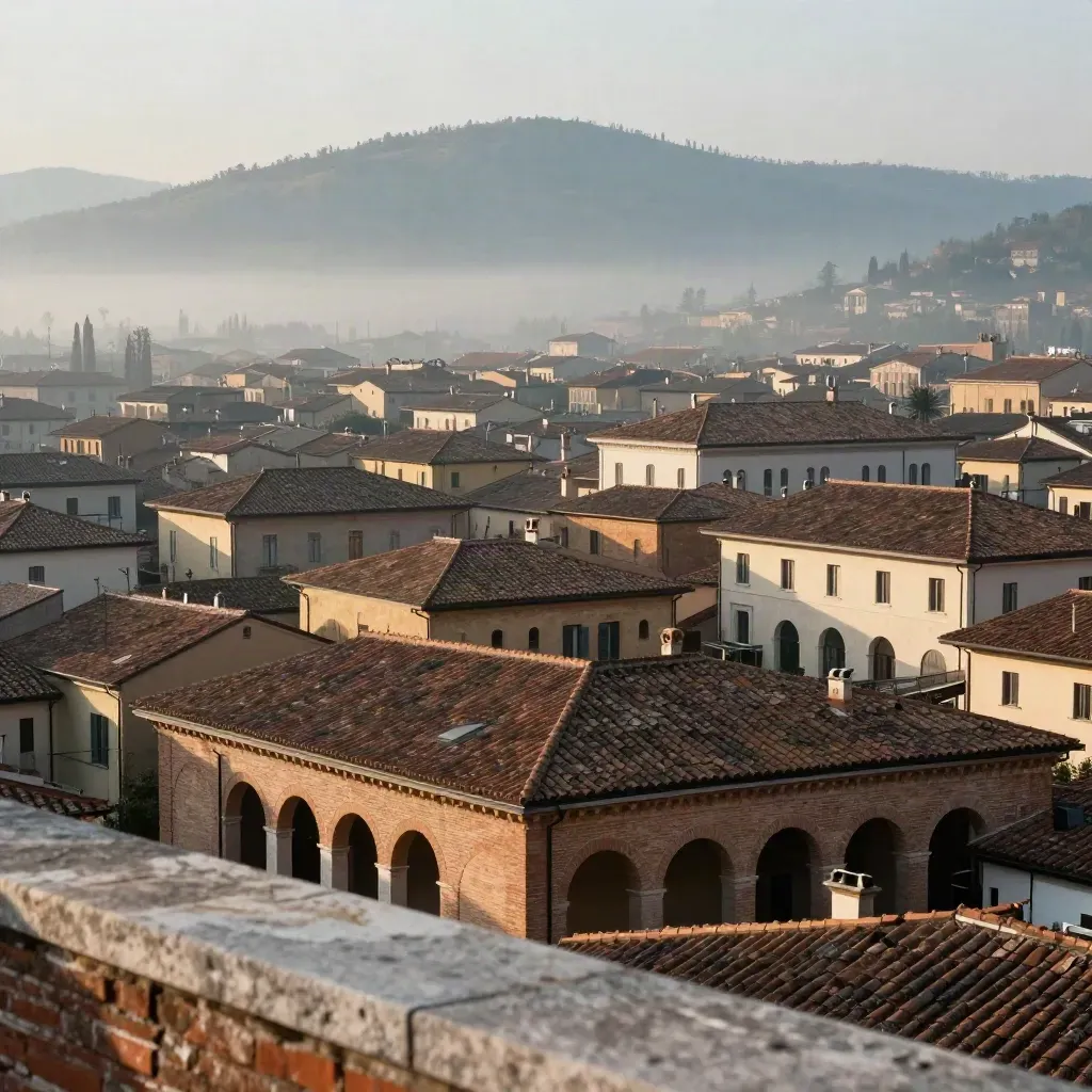 Veduta mattutina dell’Emilia-Romagna con tetti in terracotta e archi nella nebbia