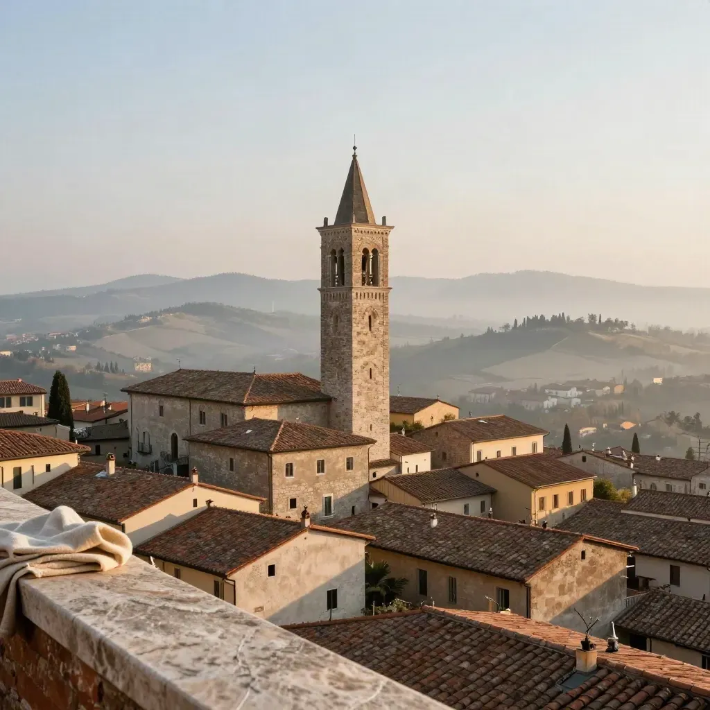 Veduta di un borgo italiano con campanile e tetti chiari in luce calda e velata